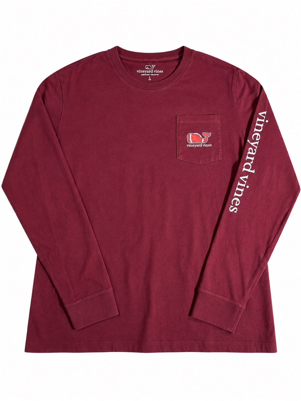 Vineyard Vines Maroon Long-Sleeve Pocket Tee with Sleeve Script